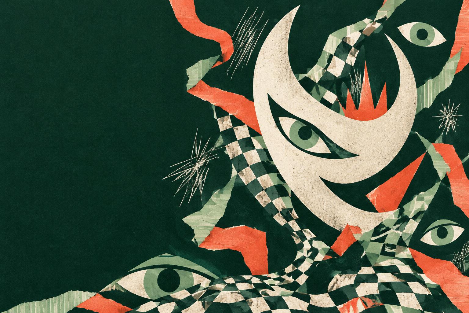 Mischievous abstract eyes, horned shapes and torn checkerboard paper